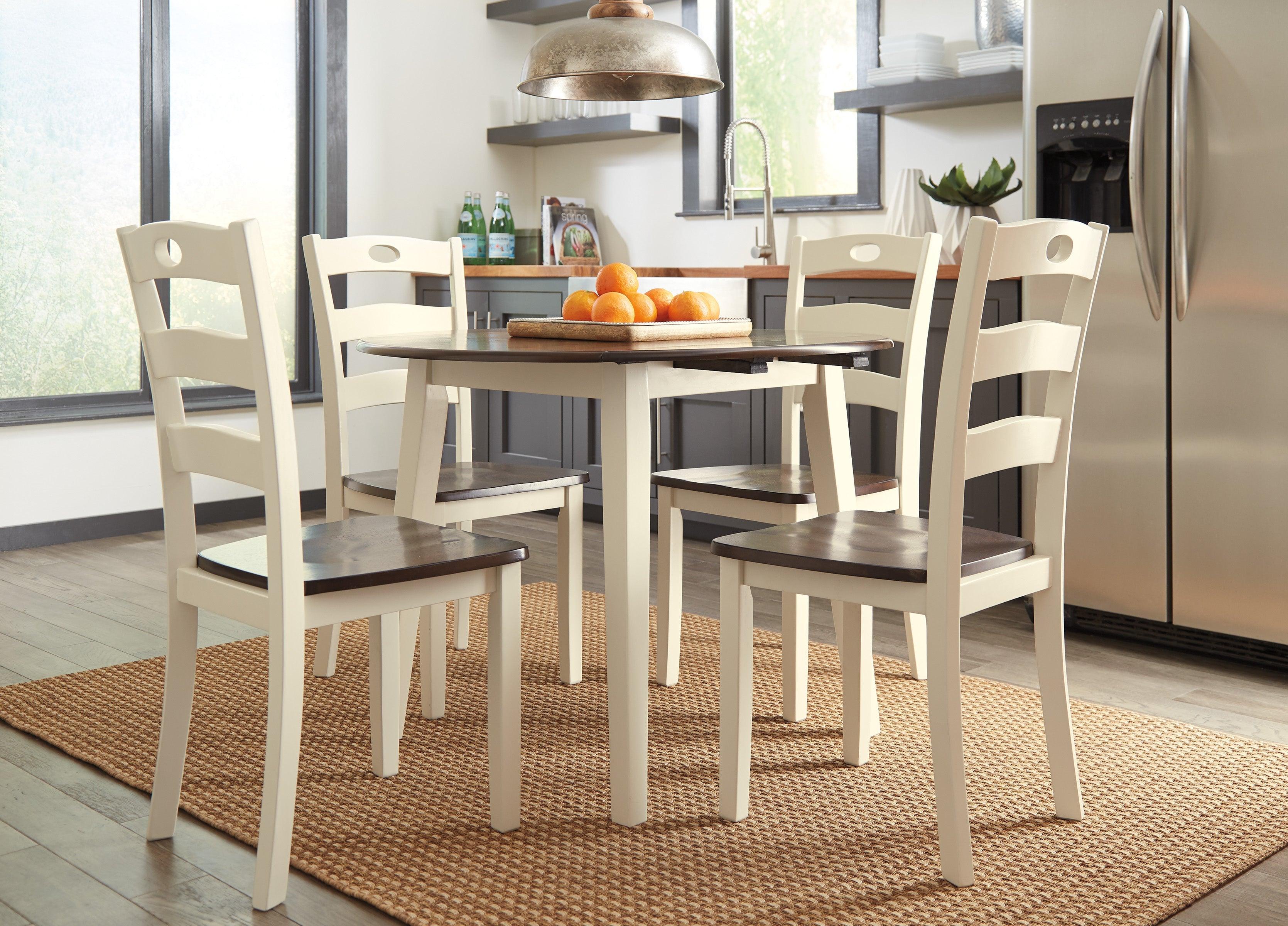 Woodanville White and Brown Round 5-Piece Drop Leaf Dining Room Set - Image 2