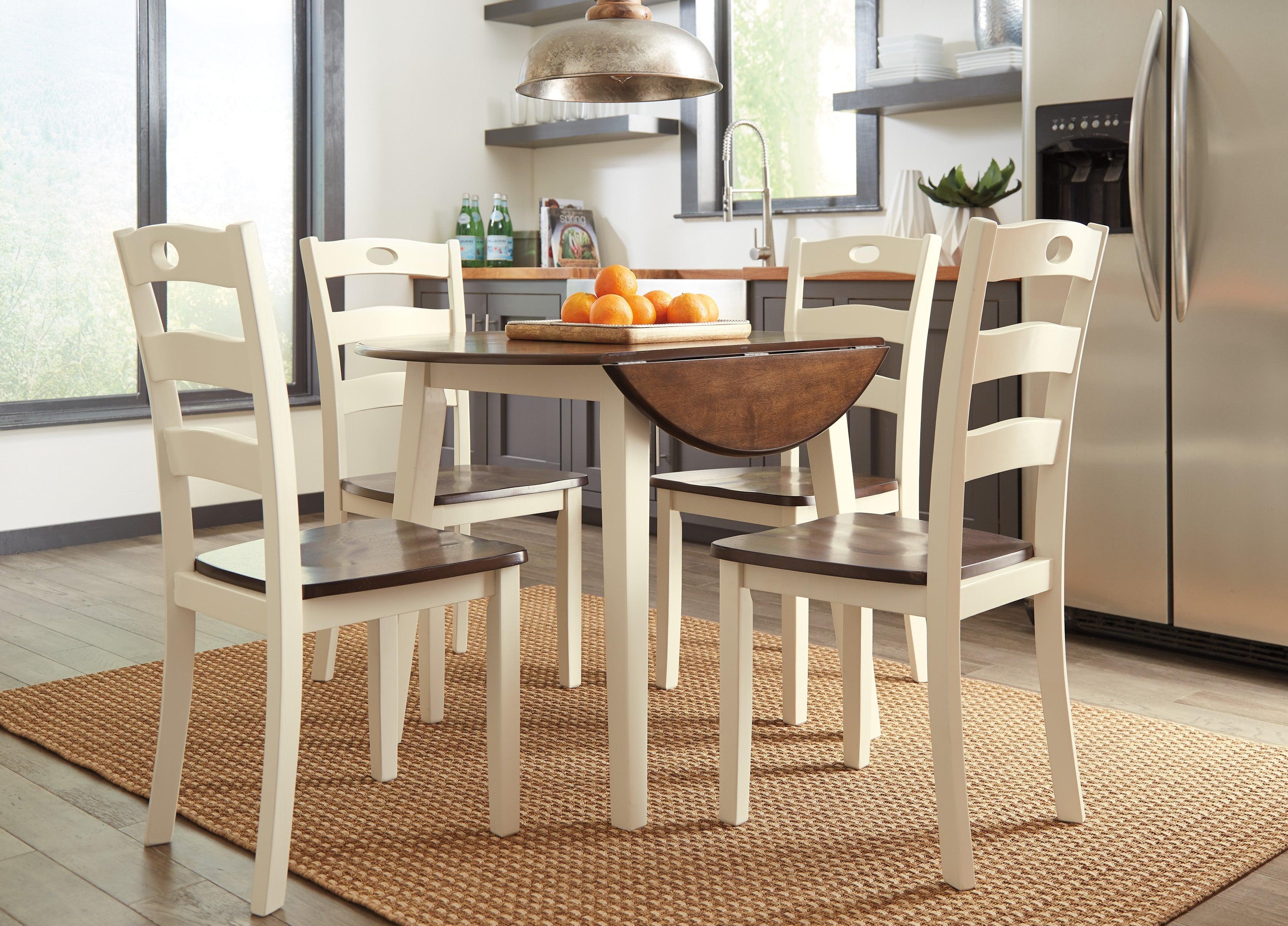 Woodanville White and Brown Round 5-Piece Drop Leaf Dining Room Set - Image 3