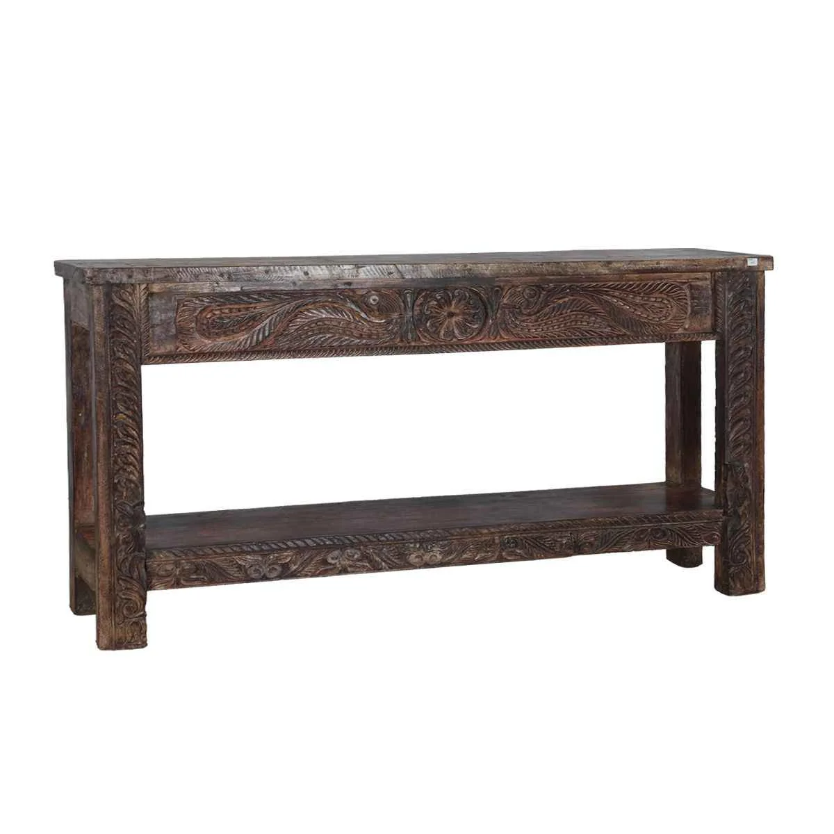 Wooden Console Table With Carved Detailing and Bottom Shelf