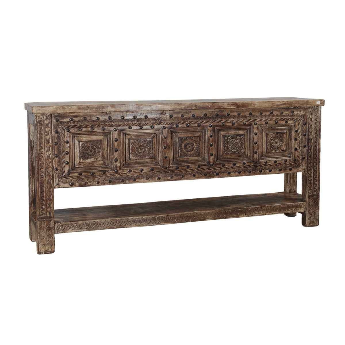 Wooden Door Console Table With Carved Detailing and Bottom Shelf