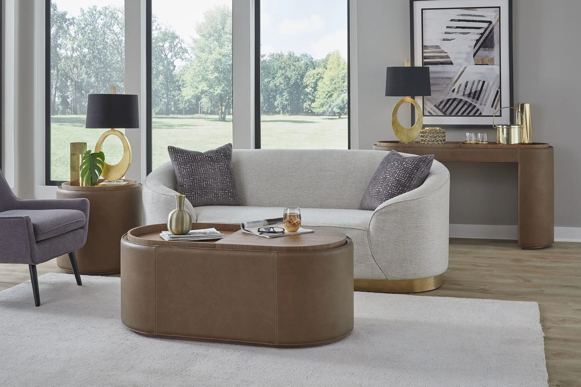 Yeal Sahara Leather Upholstered Storage Console Table with Wooden Tray Top - Image 8