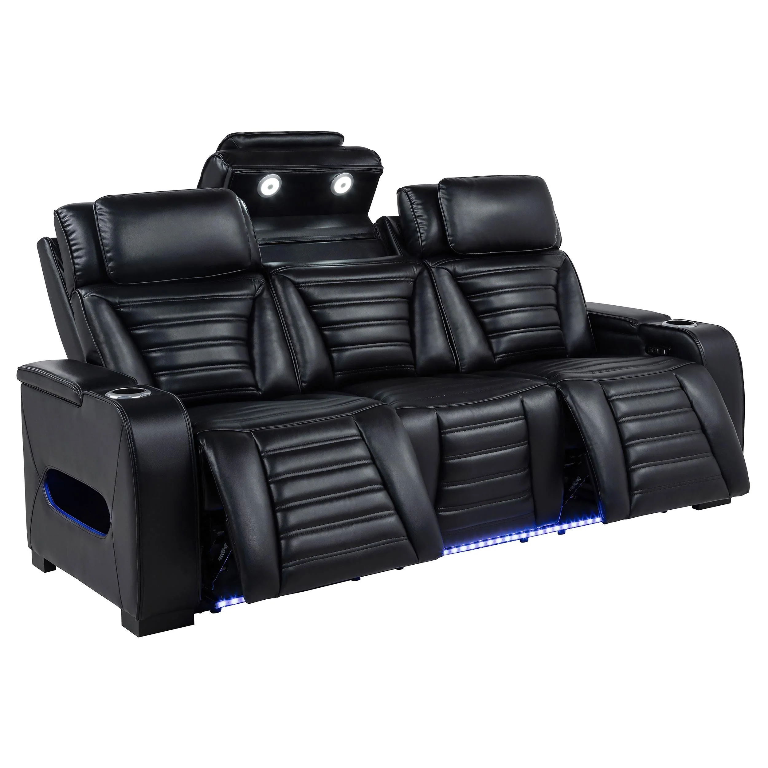 Zuma Faux Leather Dual Power Reclining LED Sofa Black - Image 2