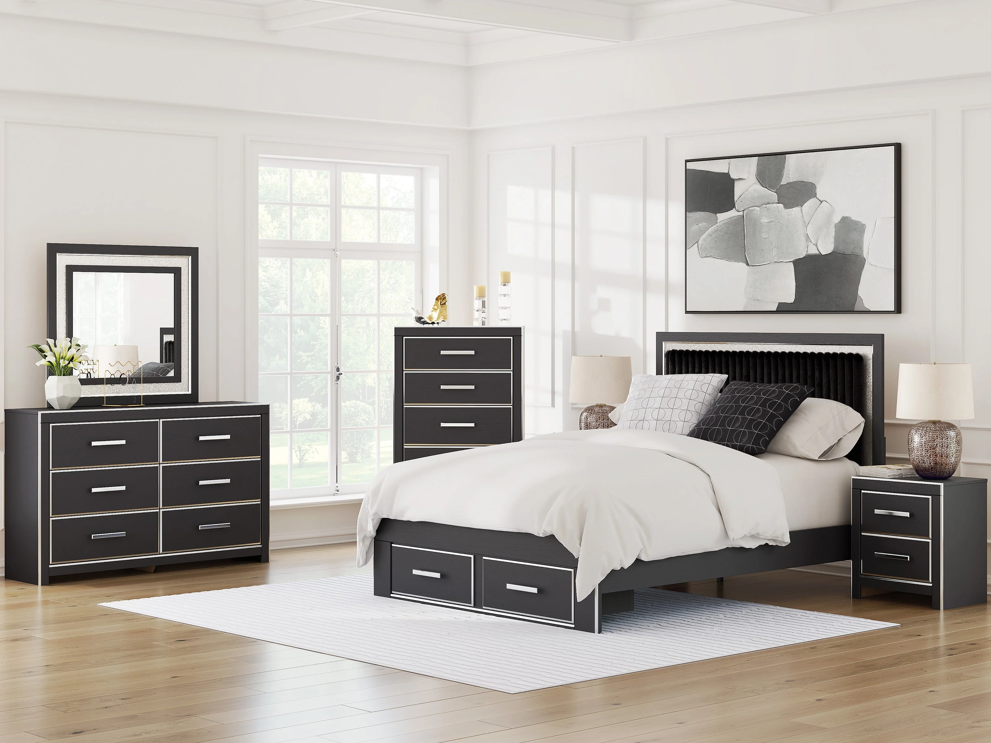 Zuraleus Black Upholstered Storage Panel Bedroom Set with 2 Footboard Drawers